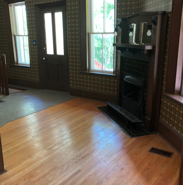 Image of fireplace in a small corner room